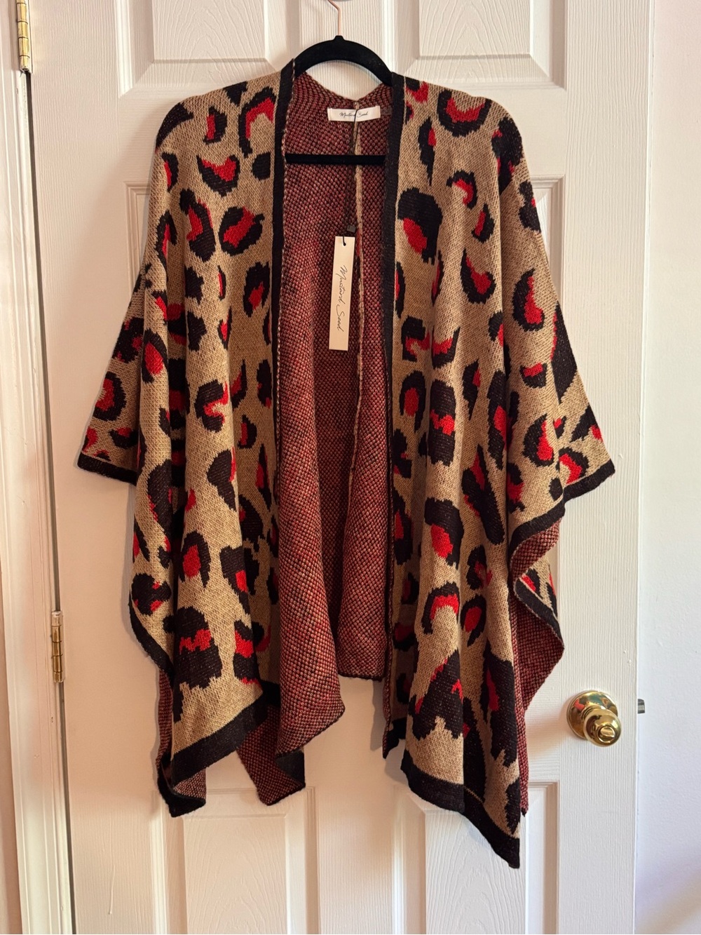 NWT Cozy Boho Mustard Seed Tan and Red Leopard Knit Poncho Size Small S